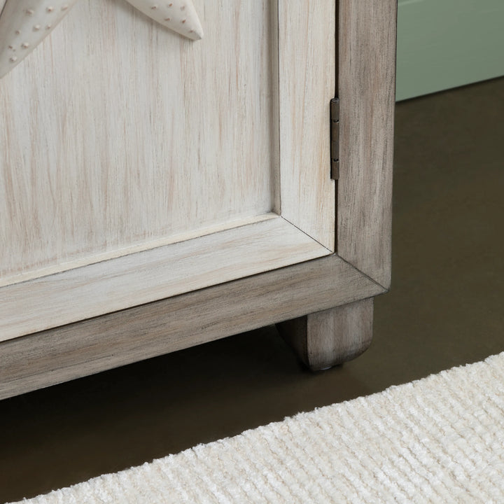 Close-up of a wooden cabinet corner with a neutral background