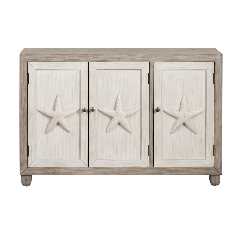 Wooden cabinet with starfish designs on a white background