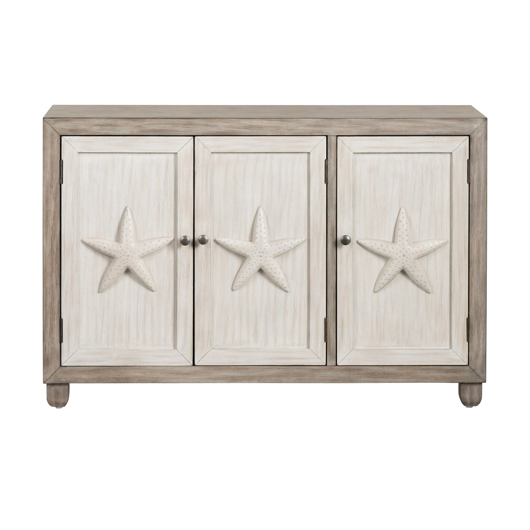 Wooden cabinet with starfish designs on a white background