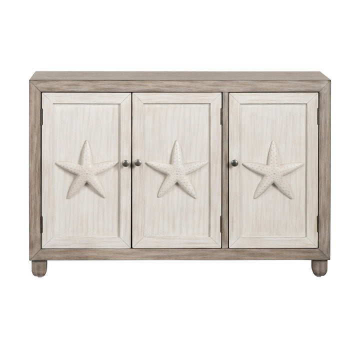 Wooden cabinet with starfish designs on a white background