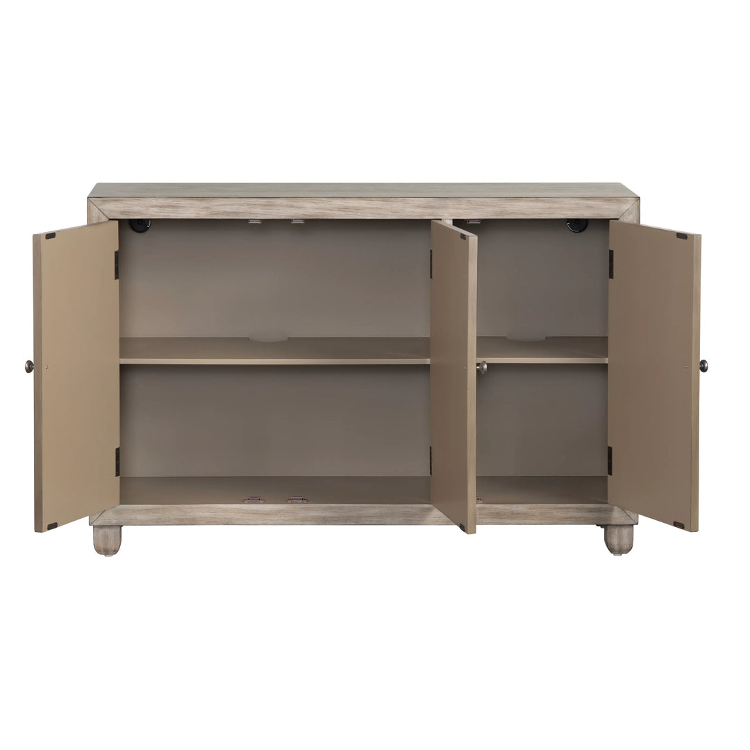 Beige storage cabinet with open doors on a white background