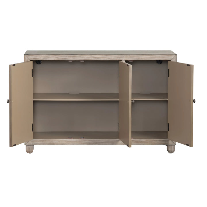 Beige storage cabinet with open doors on a white background