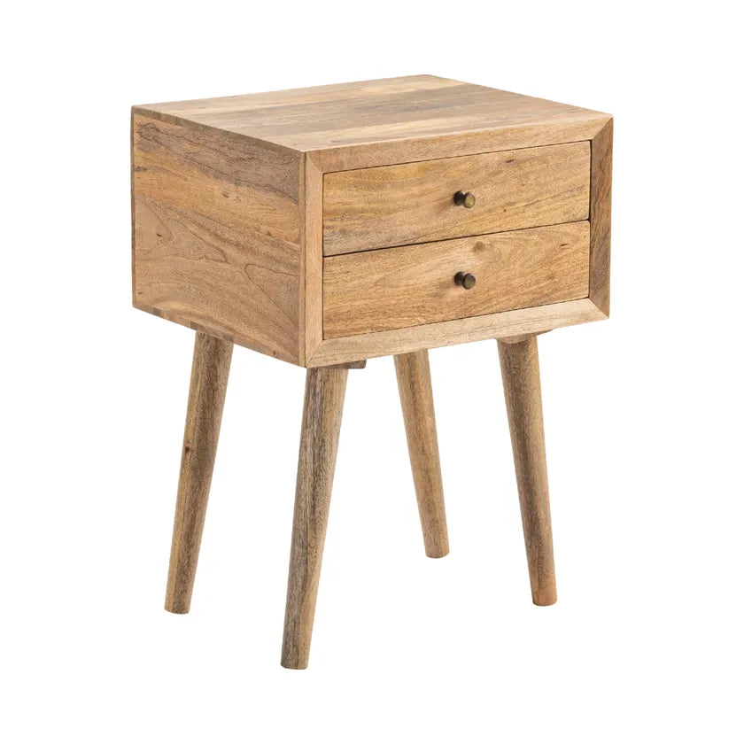 Wooden side table with two drawers on a white background