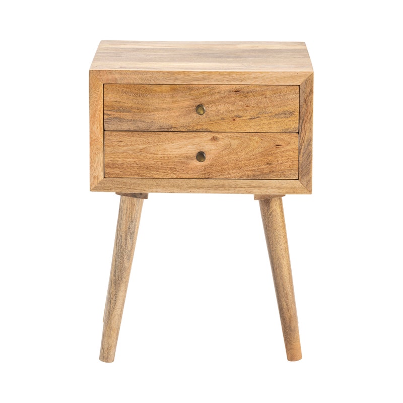 A small wooden side table with two drawers and angled legs, shown from the front on a plain white background.
