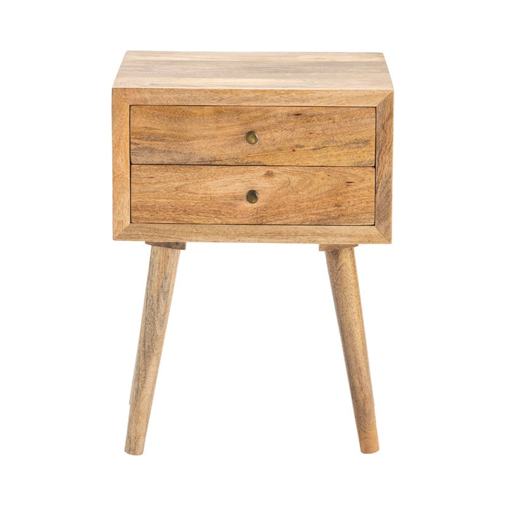 A small wooden side table with two drawers and angled legs, shown from the front on a plain white background.