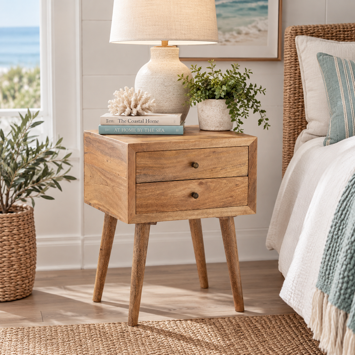A mid-century modern wooden nightstand with two drawers, styled in a bright bedroom next to a bed with white linens and a wicker headboard. The nightstand is decorated with a textured ceramic table lamp, a stack of books, a small potted green plant, and a decorative coral figurine.