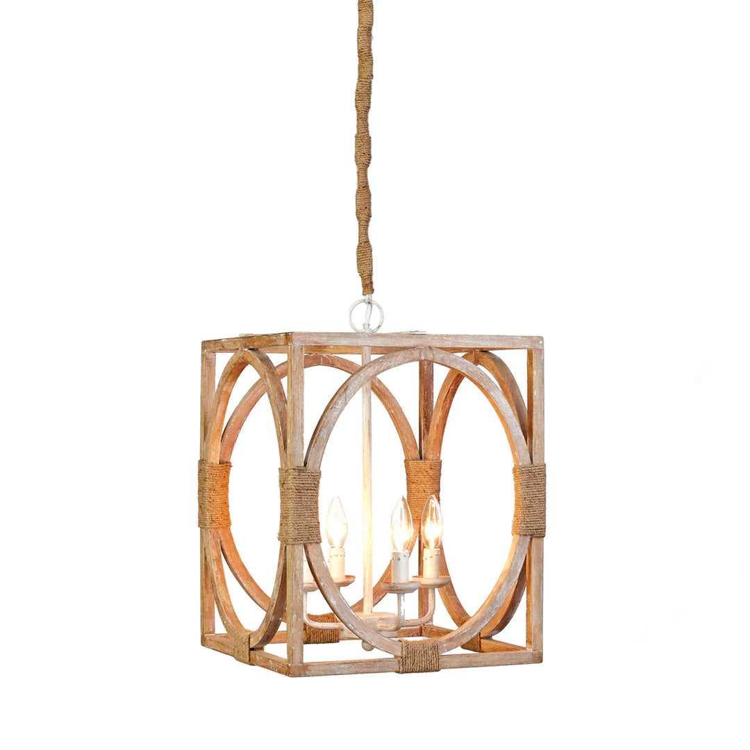 Wooden pendant light with rope details on a white background