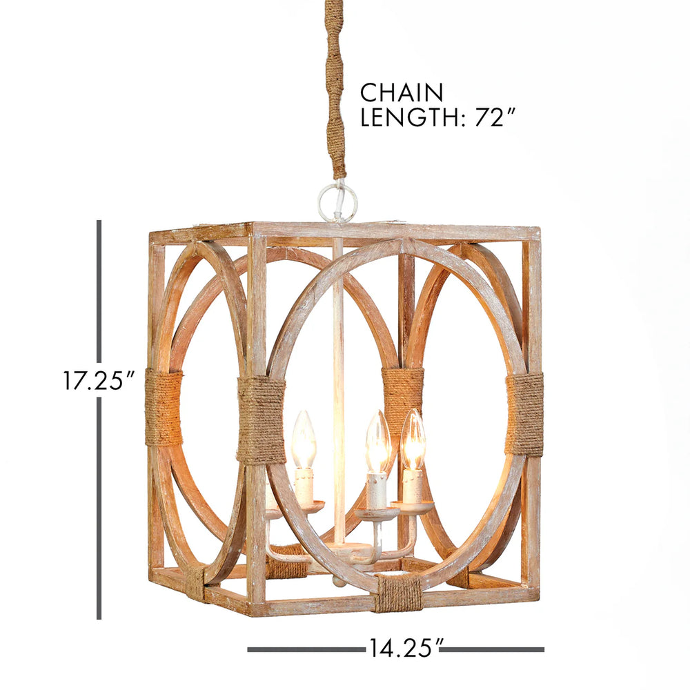 Wooden pendant light with dimensions on a white background