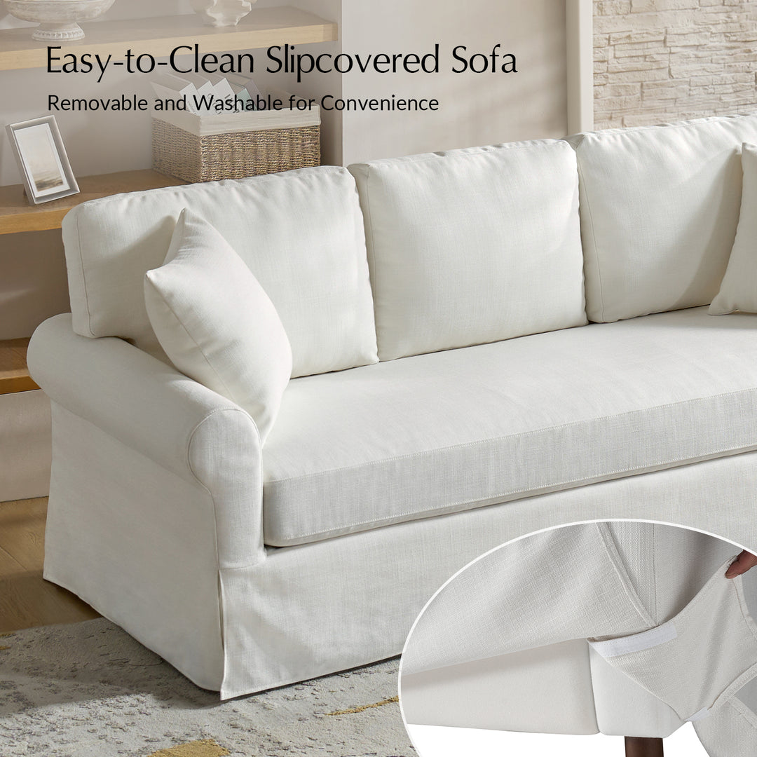 Ivory White slipcovered sofa with a close-up of the cover's texture, placed in a living room setting.