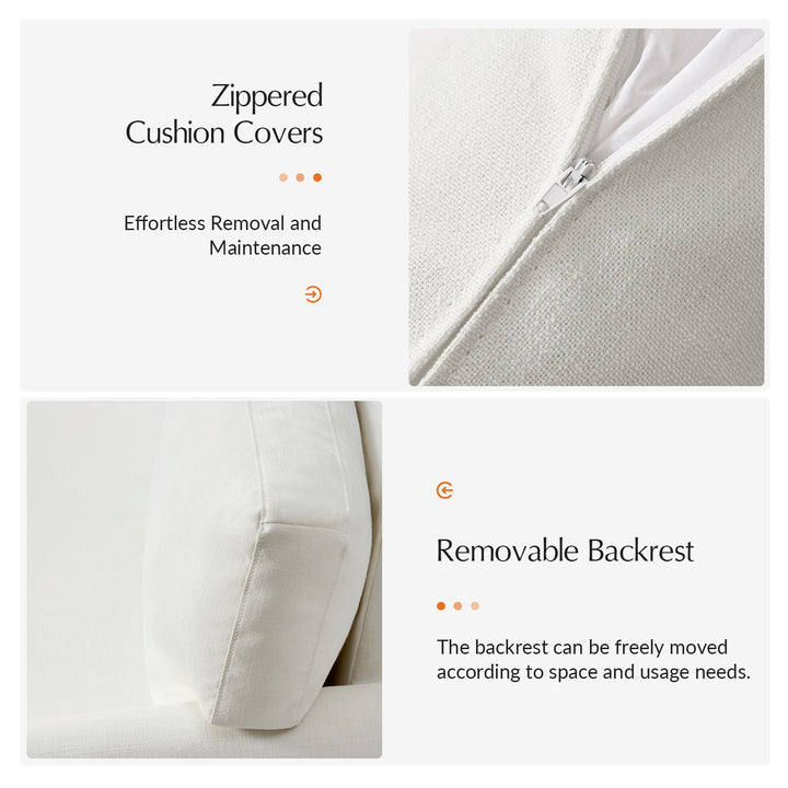 Ivory slipcovered Zippered cushion cover with detailed text on effortless removal and maintenance, and removable backrest.