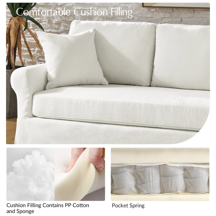 Ivory white Slipcovered sofa cushion construction with foam and pocket spring support for comfort and durability