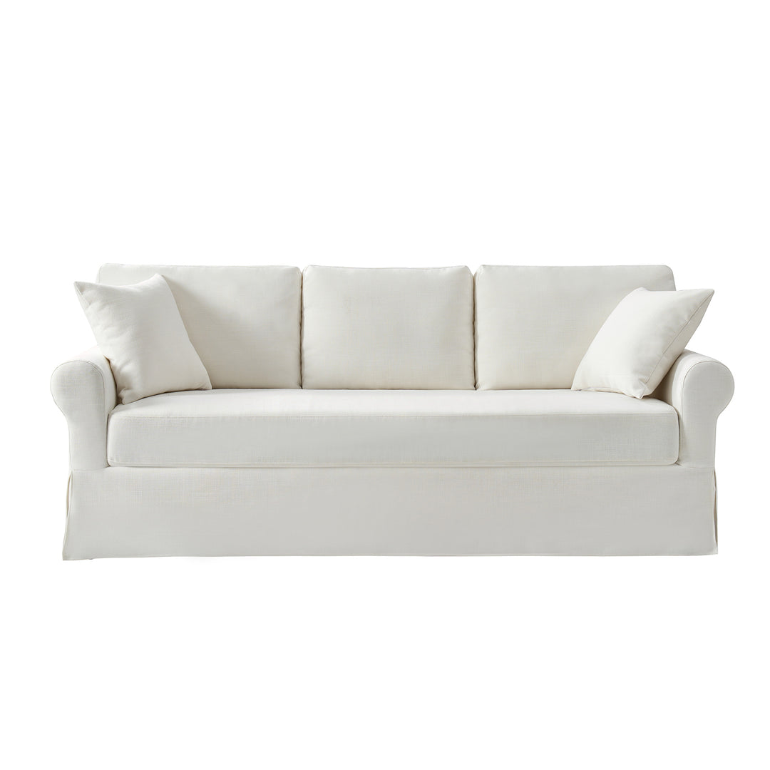 Front view of white Ivory slipcovered sofa with three back cushions and bench seat - Whitehaven sofa