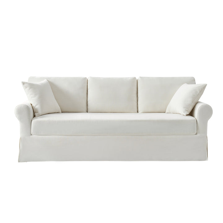 Front view of white Ivory slipcovered sofa with three back cushions and bench seat - Whitehaven sofa