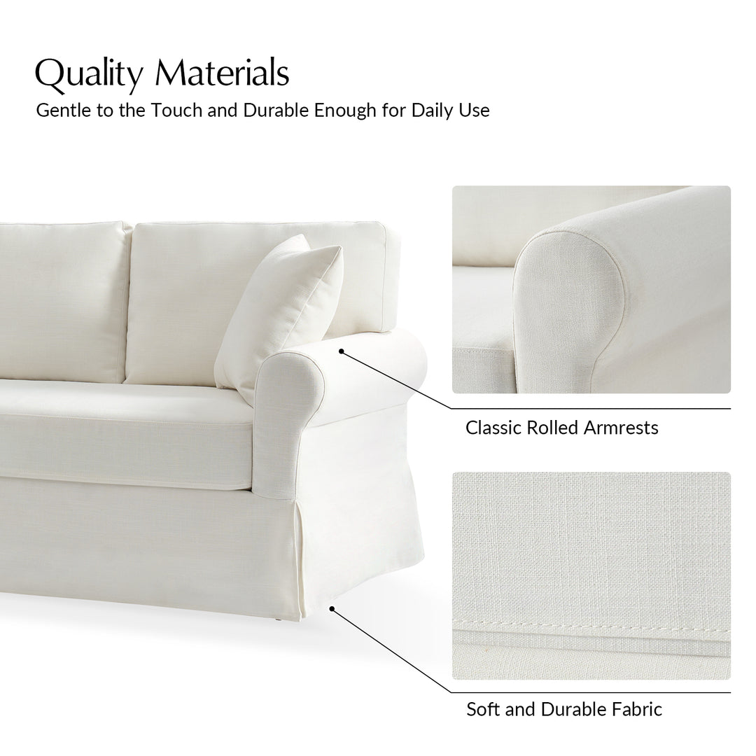 Ivory White slipcover sofa material details showcasing rolled armrest and durable fabric