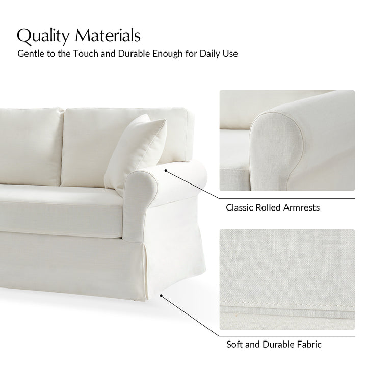 Ivory White slipcover sofa material details showcasing rolled armrest and durable fabric