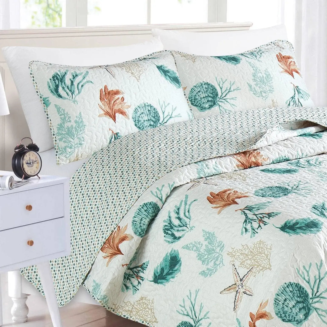 Key West Reversible Quilt Set - Seashell, Starfish & Coral reef design - teal blue & tan on white - polka dot reverse - Coastal Compass Home Decor