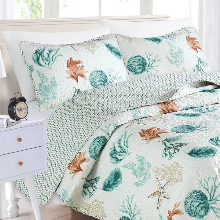 Key West Reversible Quilt Set - Seashell, Starfish & Coral reef design - teal blue & tan on white - polka dot reverse - Coastal Compass Home Decor