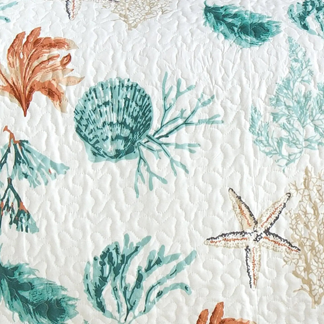 Key West Reversible Quilt Set - Seashell, Starfish & Coral reef design - teal blue & tan on white - polka dot reverse - Coastal Compass Home Decor