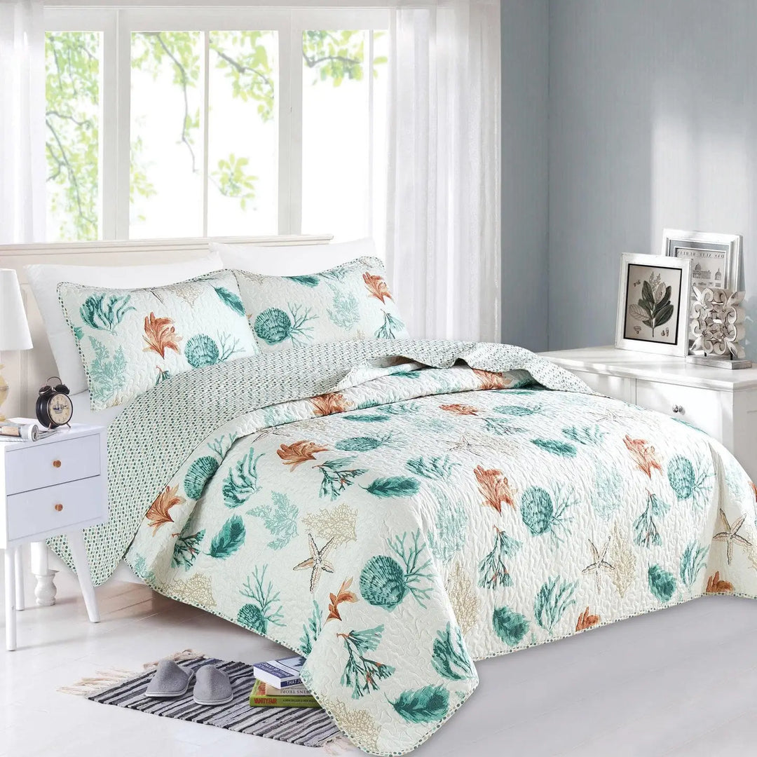 Key West Reversible Quilt Set - Seashell, Starfish & Coral reef design - teal blue & tan on white - polka dot reverse - Coastal Compass Home Decor