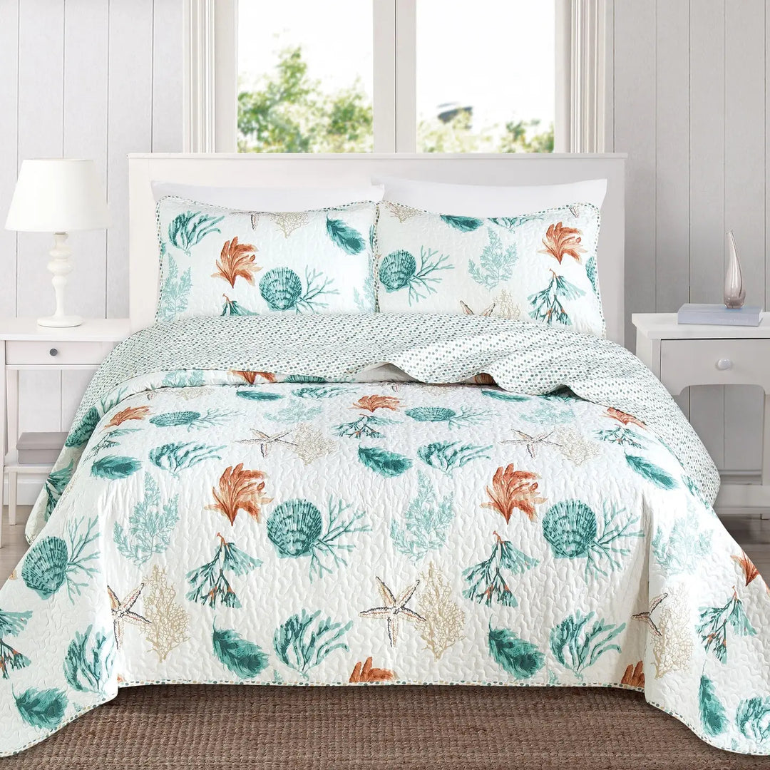 Key West Reversible Quilt Set - Seashell, Starfish & Coral reef design - teal blue & tan on white - polka dot reverse - Coastal Compass Home Decor