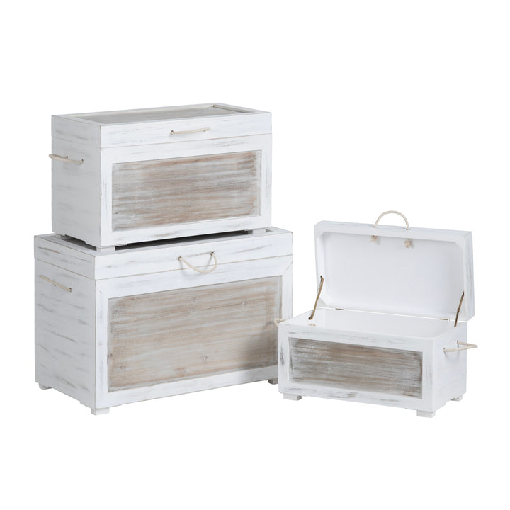 Set of three white wooden storage boxes with a distressed finish on a white background