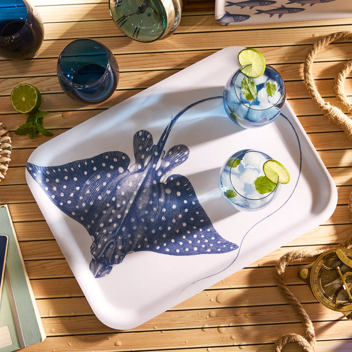 Large Rectangular Spotted Stingray Platter - Detailed spotted stingray on white tray - Coastal Compass Home Decor