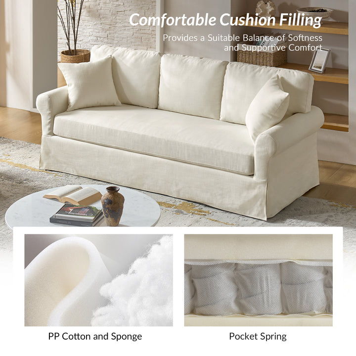 Slipcovered sofa cushion construction with foam and pocket spring support for comfort and durability
