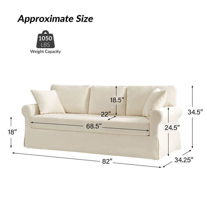 White linen slipcovered sofa dimensions and size details with measurements - Whitehaven sofa