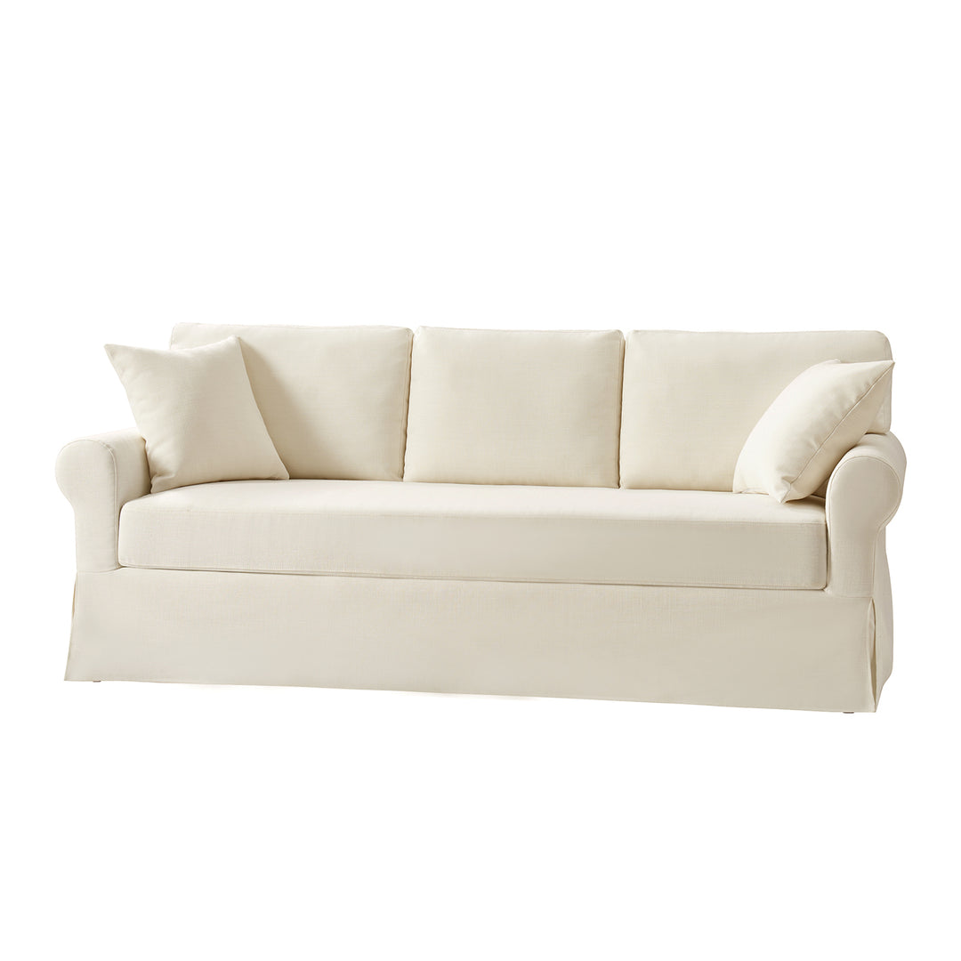 Front view of white linen slipcovered sofa with three back cushions and bench seat - Whitehaven sofa