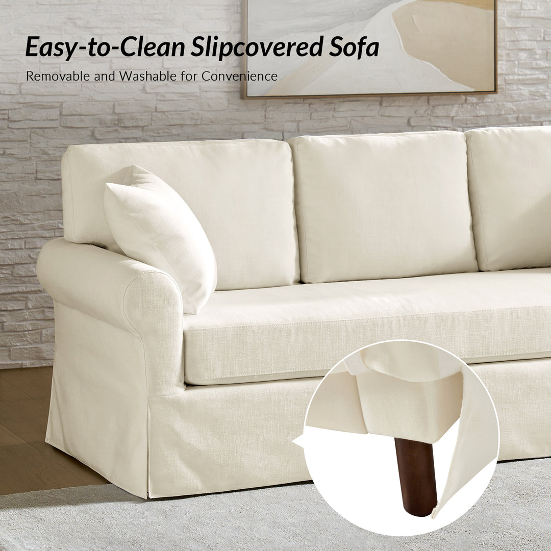 Removable slipcover sofa detail showing hidden wood legs and washable linen fabric - Whitehaven sofa