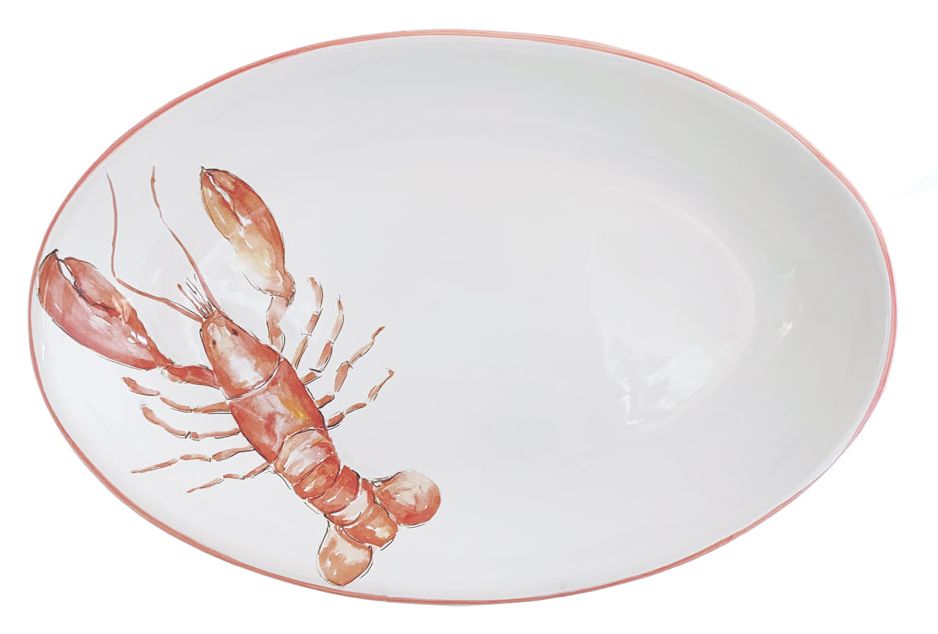 Lobster Oval Platter - Red Lobster Design - Red Rim - White Ceramic - Coastal Compass Home Decor