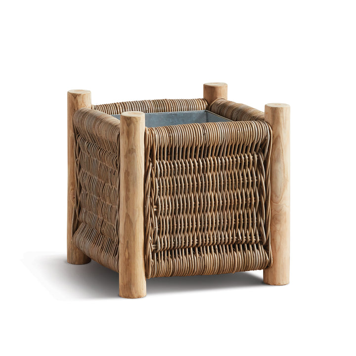 London Small square rattan planter with teak legs and galvanized metal liner