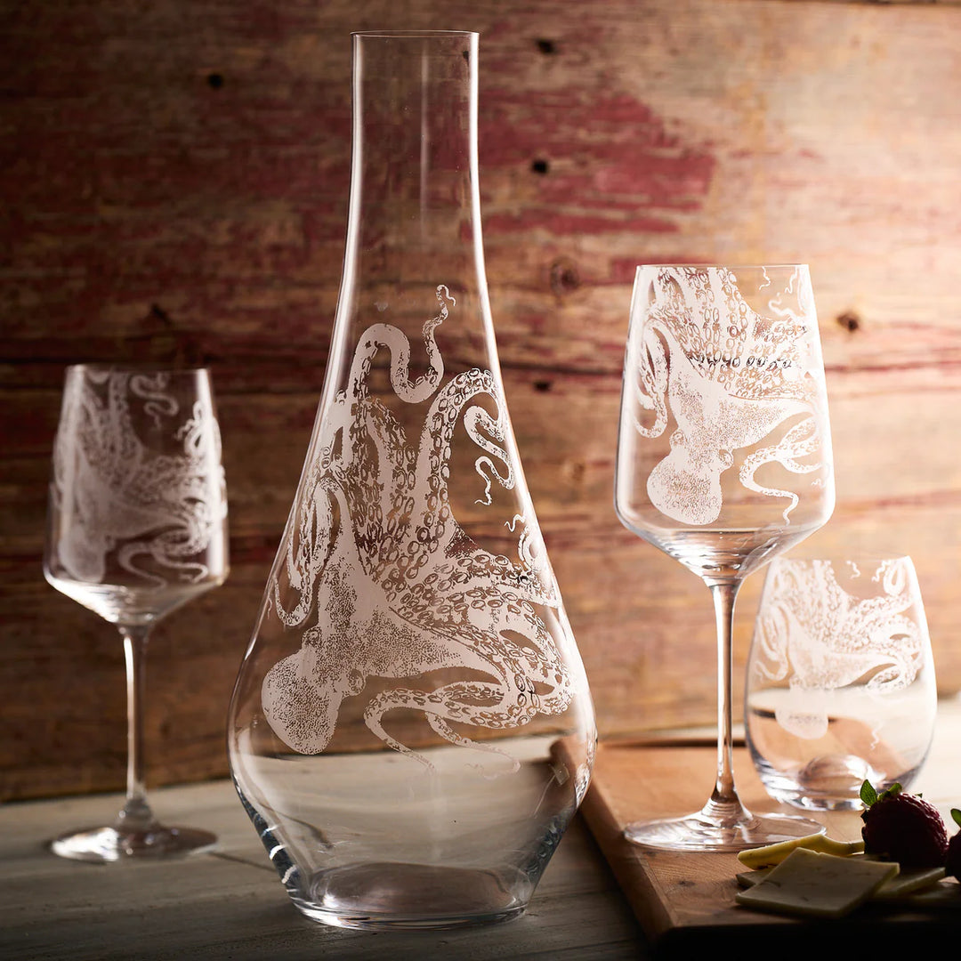 Lucia Octopus Engraved Carafe & Wine Glasses - The Coastal Compass Home Decor