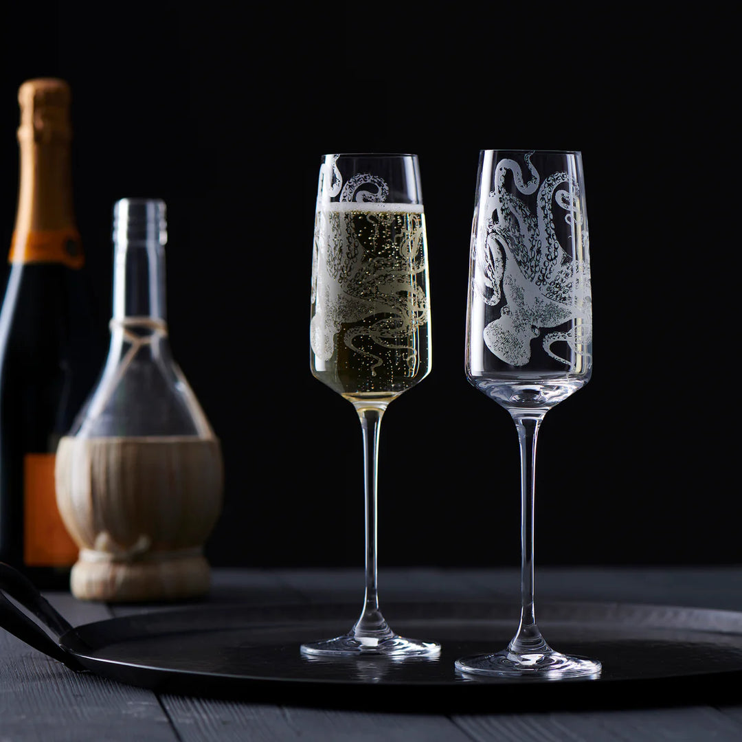 Lucia Octopus Sand Engraved Champagne Glasses