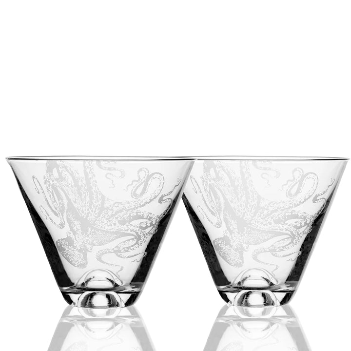 Lucia Octopus Engraved Stemless Martini Glasses - Coastal Compass Home Decor