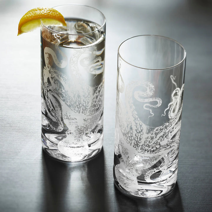 Lucia Octopus Engraved Highball Glasses - Octopus engraved - Coastal Compass Home Decor