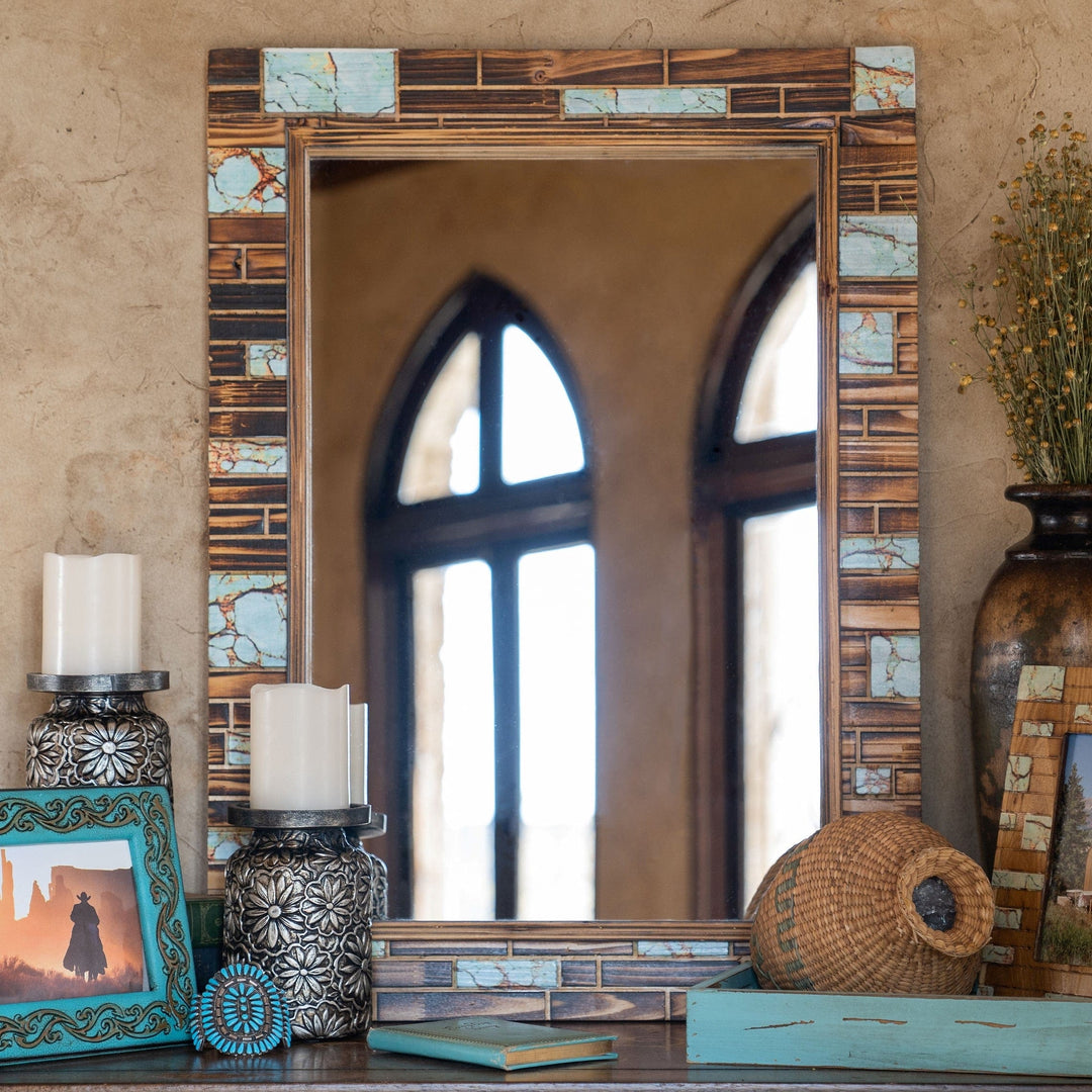 Rustic Turquoise Inlay Wooden Mirror