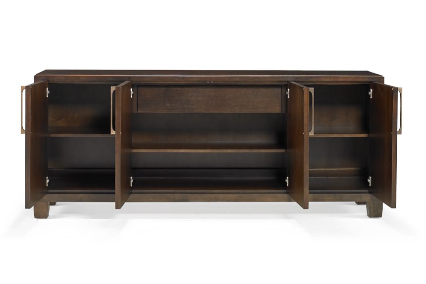 Macy Credenza - Maple wood - Carob Brown Finish - Bronze hardware - 4 doors - Drawer & adjustable shelves - Coastal Compass Home Decor