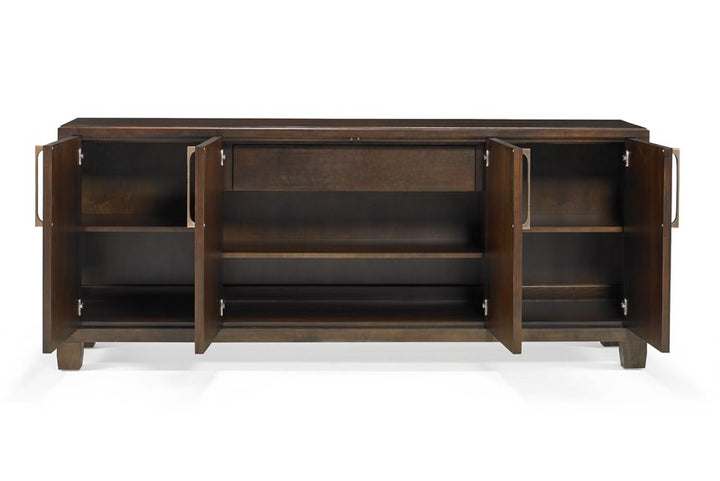 Macy Credenza - Maple wood - Carob Brown Finish - Bronze hardware - 4 doors - Drawer & adjustable shelves - Coastal Compass Home Decor