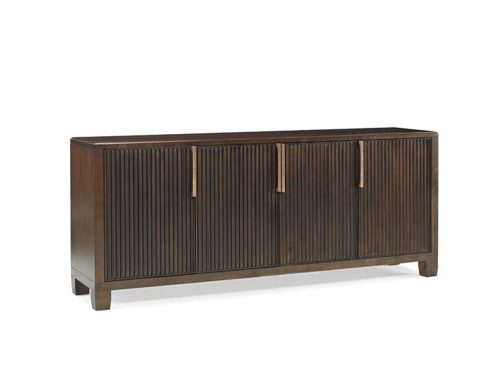 Macy Credenza - Maple wood - Carob Brown Finish - Bronze hardware - 4 reeded doors - Coastal Compass Home Decor