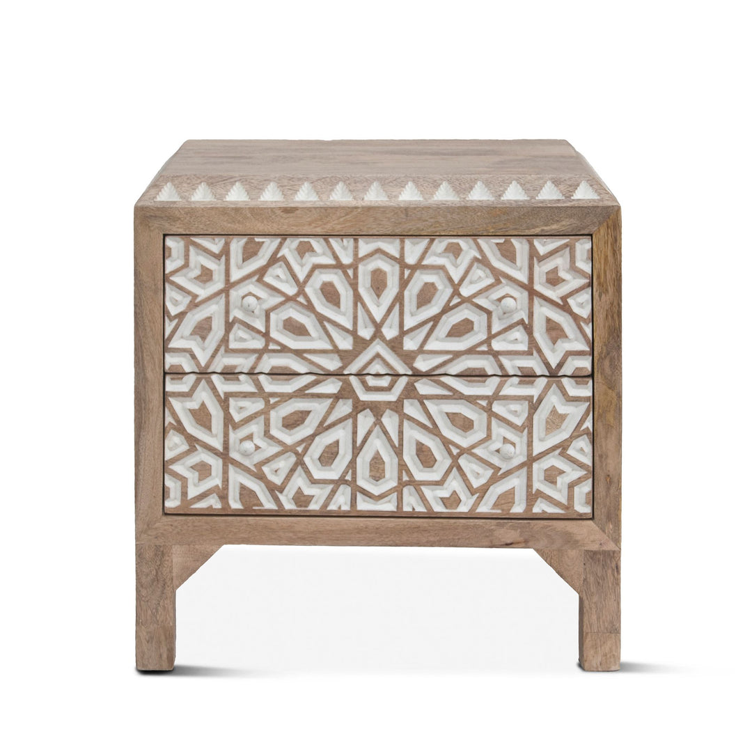 Mango Wood Hand Carved Nightstand - Hand Carved Geometric Design on drawer fronts - White accent finish - natural wood finish - White knobs - Coastal Compass Home Decor