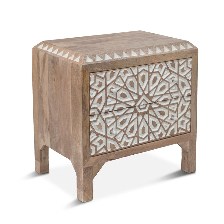 Mango Wood Hand Carved Nightstand - Hand Carved Geometric Design on drawer fronts - White accent finish - natural wood finish - White knobs - Coastal Compass Home Decor