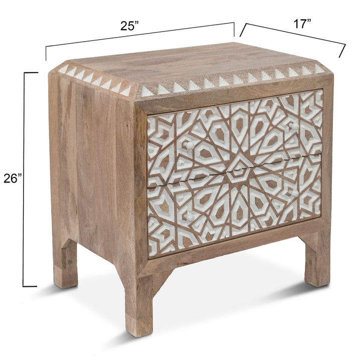 Mango Wood Hand Carved Nightstand - Hand Carved Geometric Design - White accent finish - natural wood finish - White knobs - Coastal Compass Home Decor