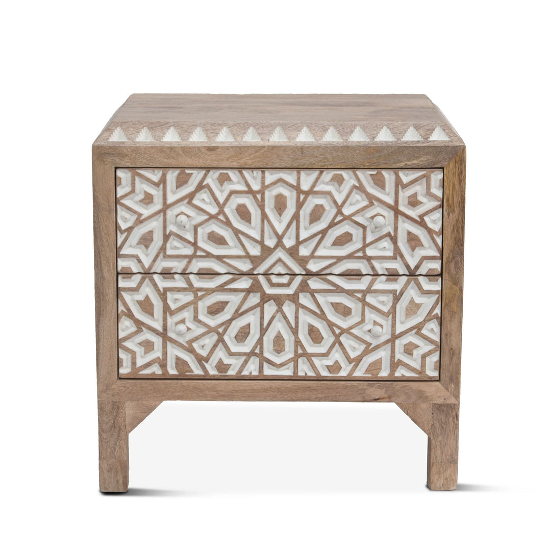 Mango Wood Hand Carved Nightstand - Hand Carved Geometric Design - White accent finish - natural wood finish - White knobs - Coastal Compass Home Decor