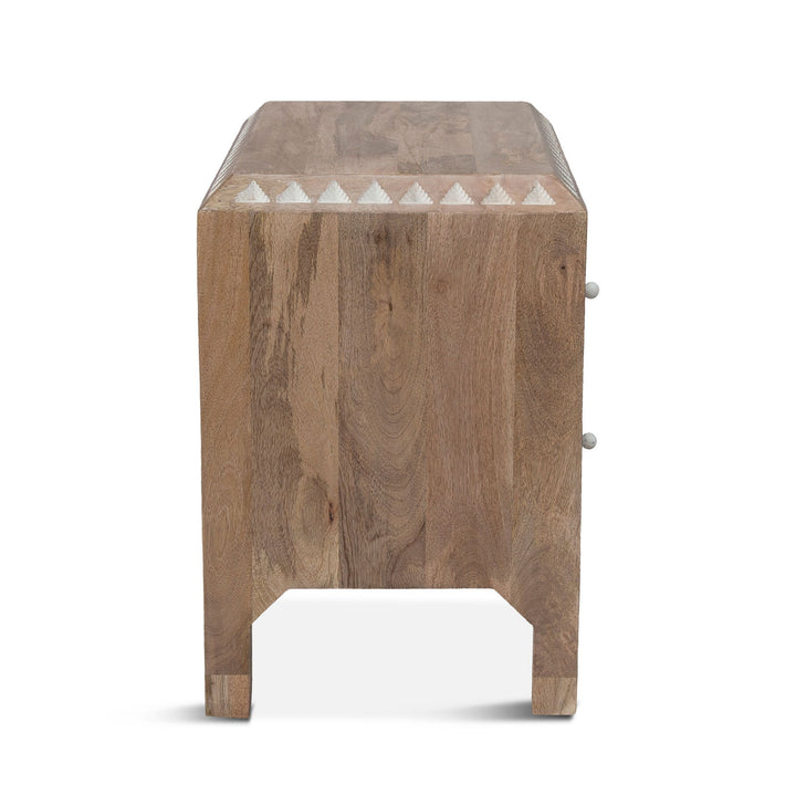 Mango Wood Hand Carved Nightstand - - natural wood finish side - Coastal Compass Home Decor