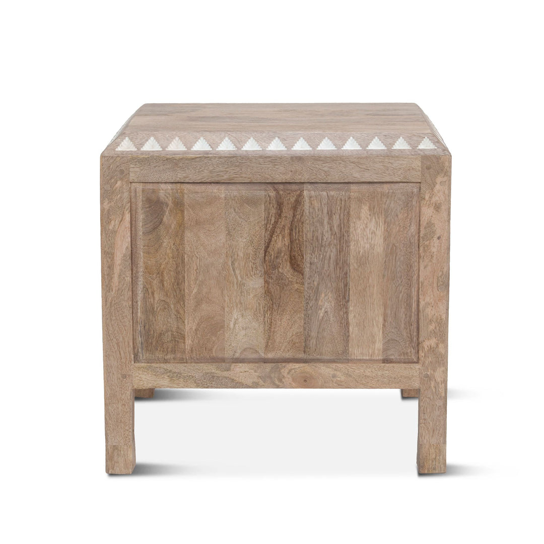 Mango Wood Hand Carved Nightstand - natural wood finish back - Coastal Compass Home Decor