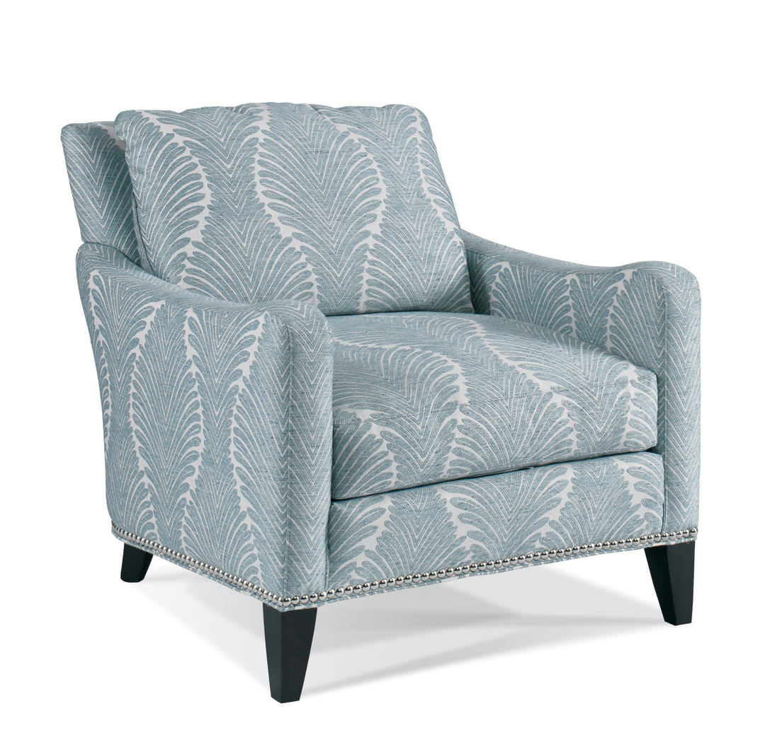 Manhattan Accent Chair - Presnell Aqua Fabric - Exposed wood legs - Nail trim along bottom - Coastal Compass Home Decor
