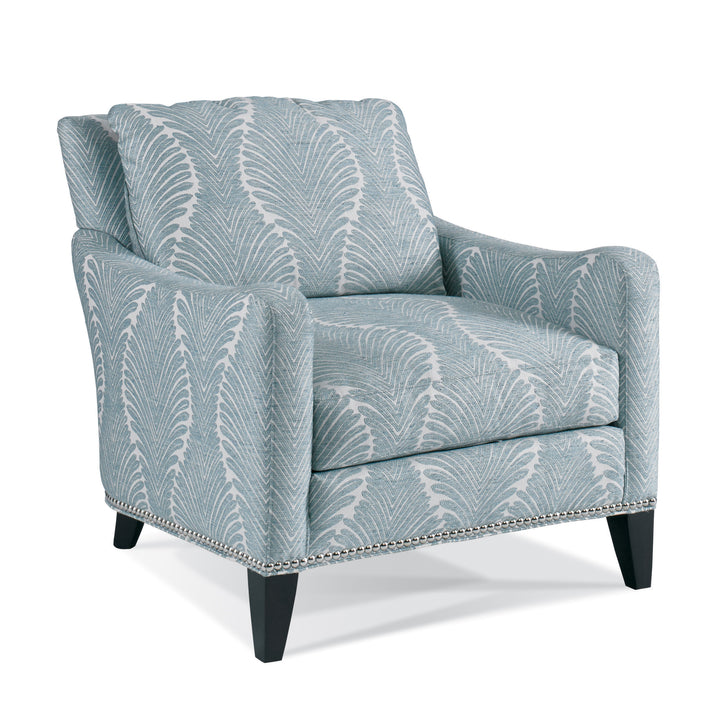 Manhattan Accent Chair - Presnell Aqua Fabric - Exposed wood legs - Nail trim along bottom - Coastal Compass Home Decor