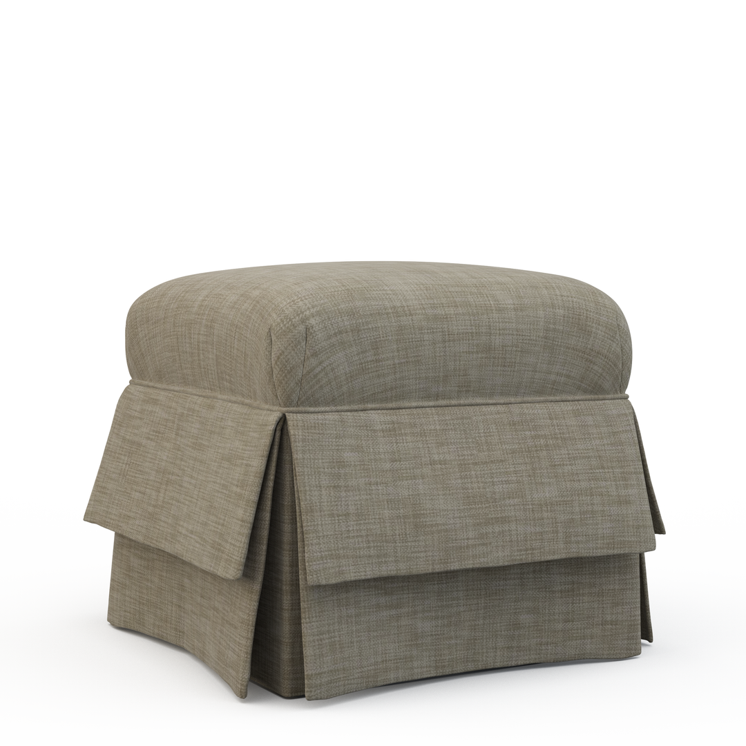 Gray upholstered ottoman with a skirt on a white background
