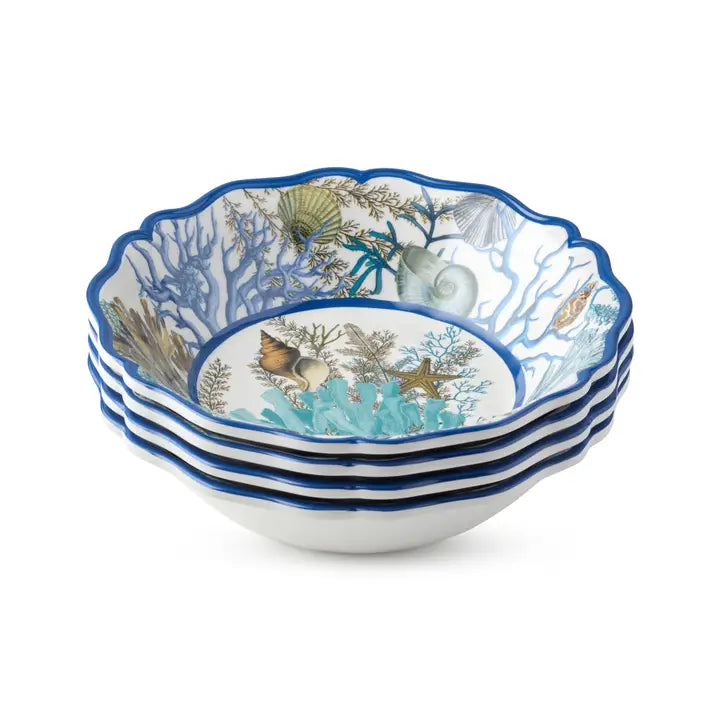 Marina Blue All Purpose Bowl Set/4 - Blue Scalloped Edges - Blues, browns & neutral hues - Intricate sealife design - Coastal Compass Home Decor